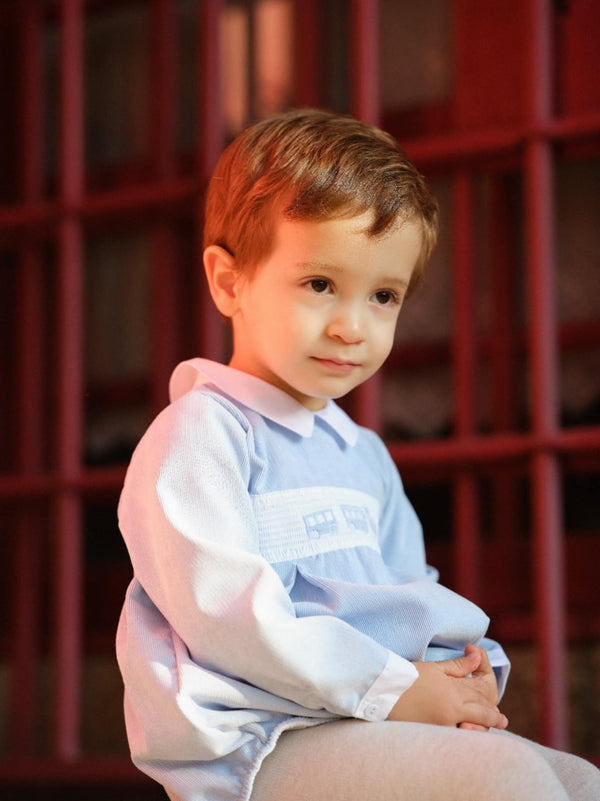 Deolinda "BRIAN" Blue Corduroy Smocked Train Romper - DBI25513