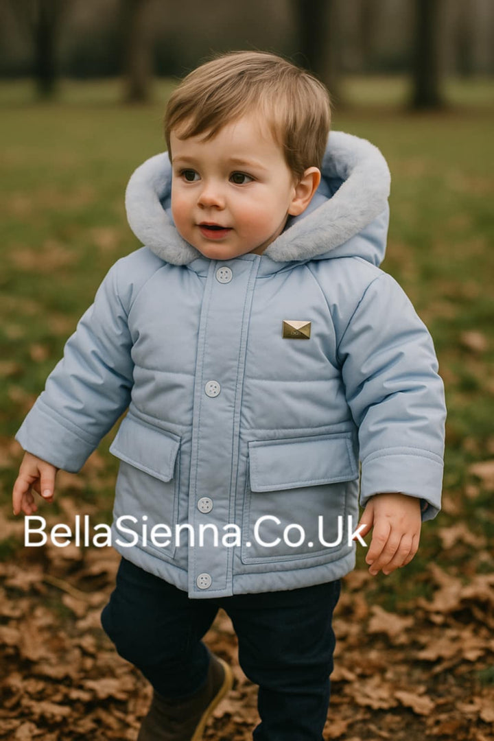 Mintini Boys Baby Blue Coat With Faux Fur Hood - Winter MB5425