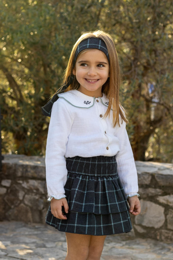 Calamaro Girls Skirt & Blouse Set - Charcoal Grey, Green & Ivory - 11230
