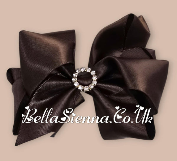 Bowtique London 4 Inch Chocolate  Brown Satin Medium Size Hair Bow With Diamanté Centre
