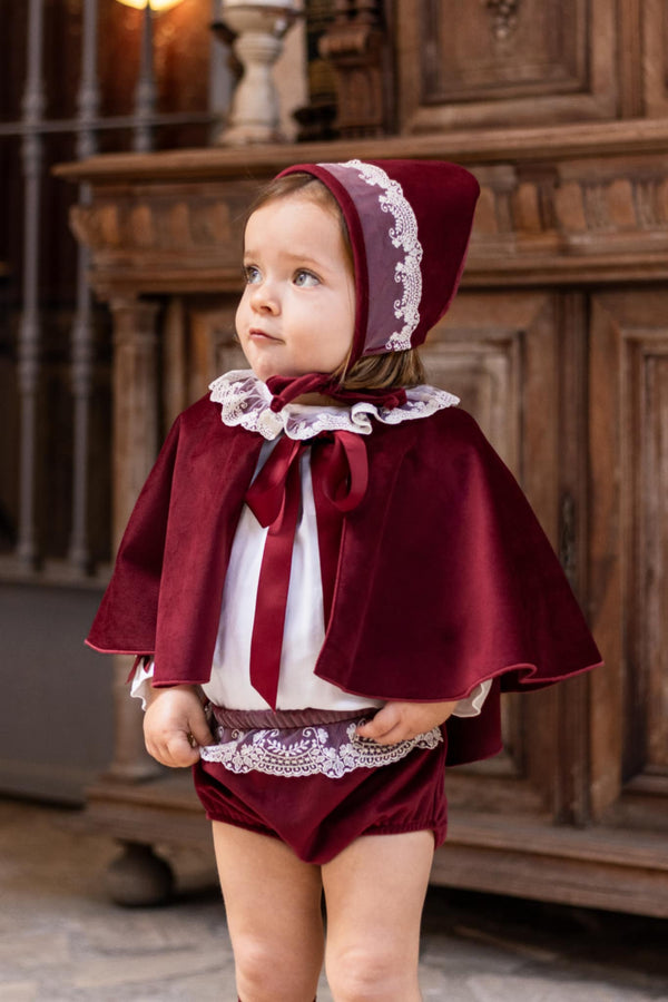 Calamaro Baby Girls Four Piece Burgundy Velvet Set With Bonnet & Cape - 11247 - 14021