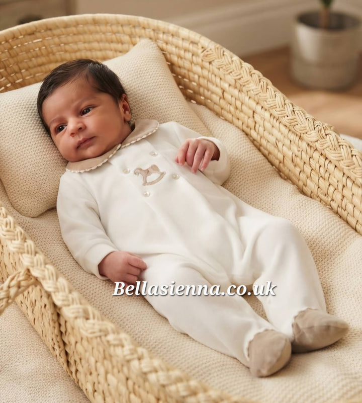 Ivory & Beige Rocking Horse Velour All In One Babygrow - "George"