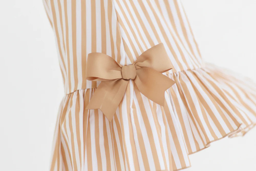 Harris Kids "Grace" Girls Beige Striped Frilly Bow Dress