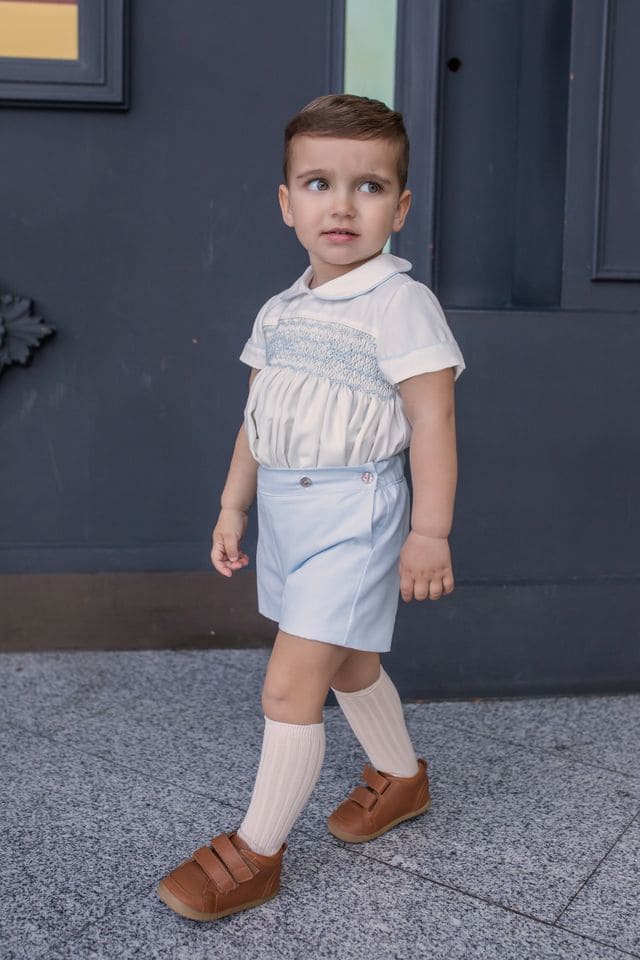 Naxos Ivory & Blue Hand Smocked Boys Two Piece Outfit - 7610