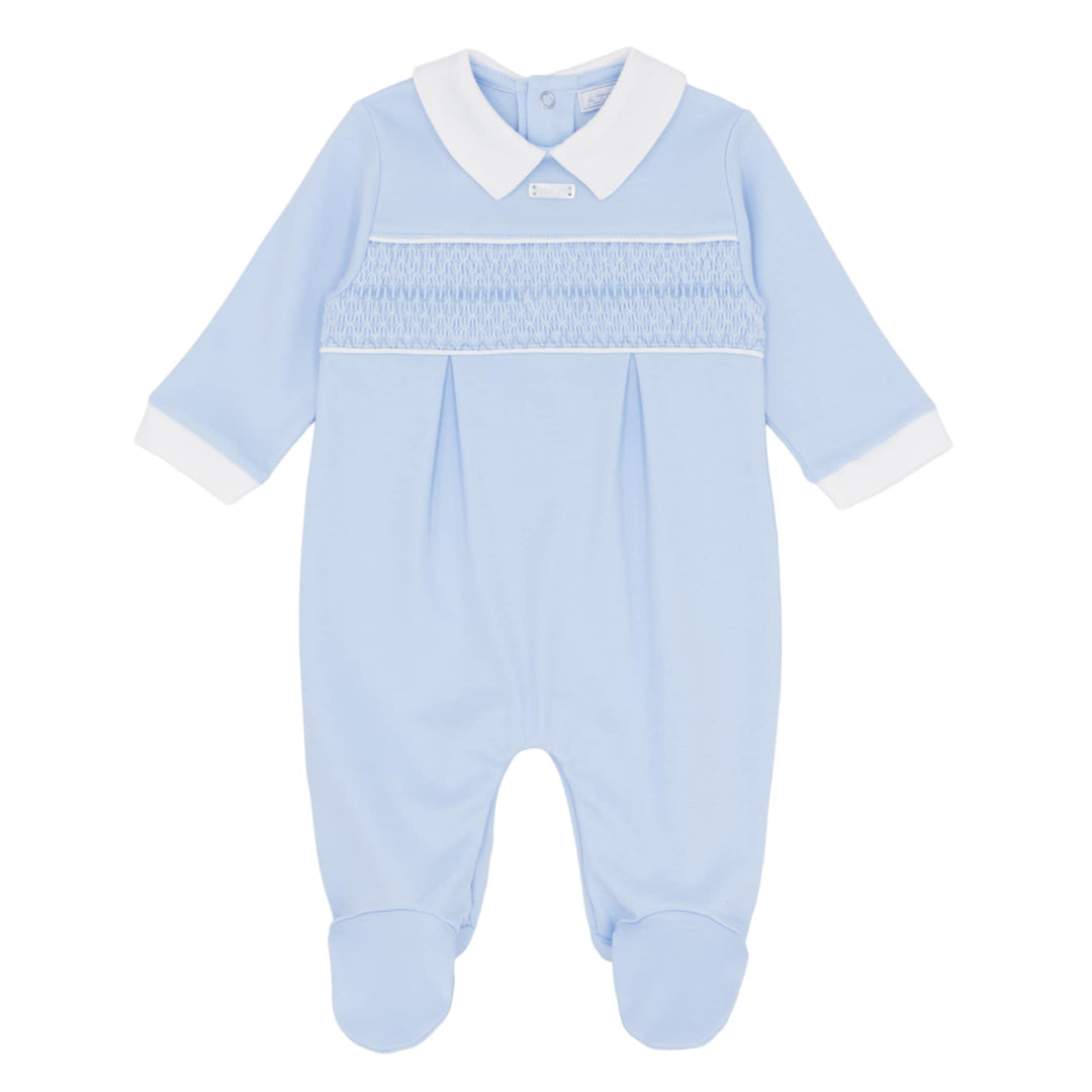Amore Boys Blue & White Smocked Classic All In One Babygrow Sleepsuit - AM0049