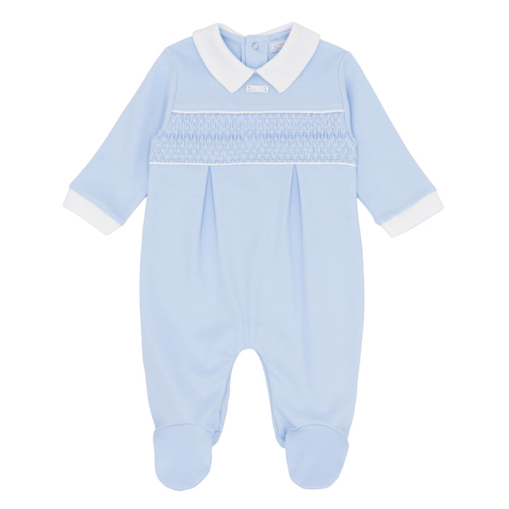 Amore Boys Blue & White Smocked Classic All In One Babygrow Sleepsuit - AM0049