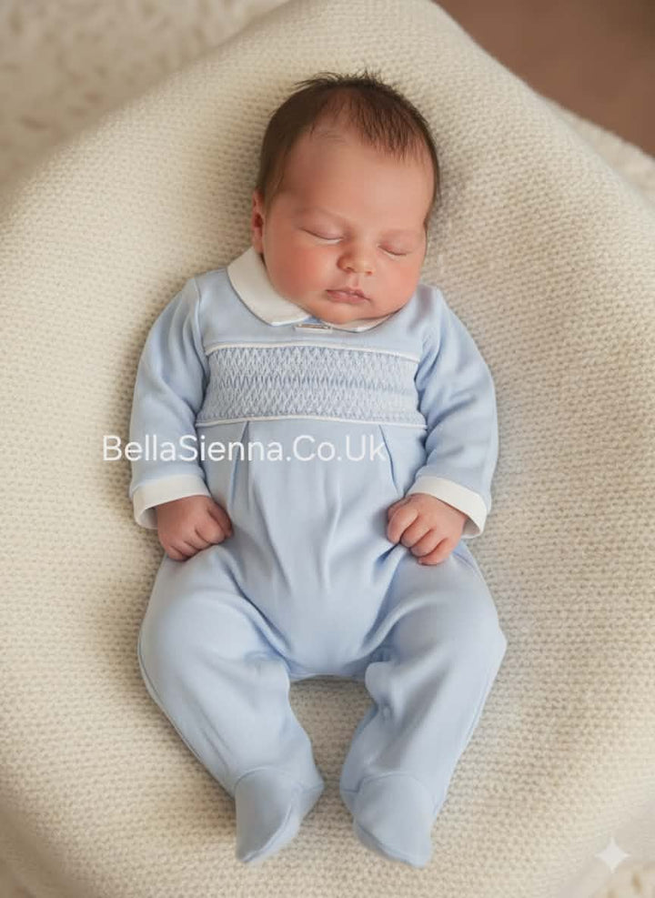 Amore Boys Blue & White Smocked Classic All In One Babygrow Sleepsuit - AM0049
