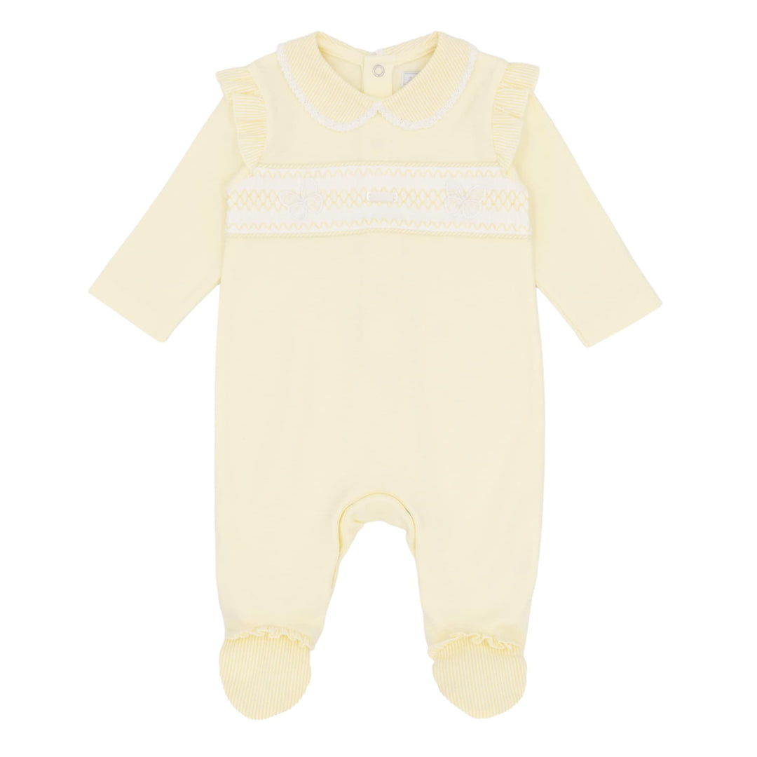 Amore Girls Lemon & White Classic Smocked All In One Babygrow Sleepsuit - AM0074