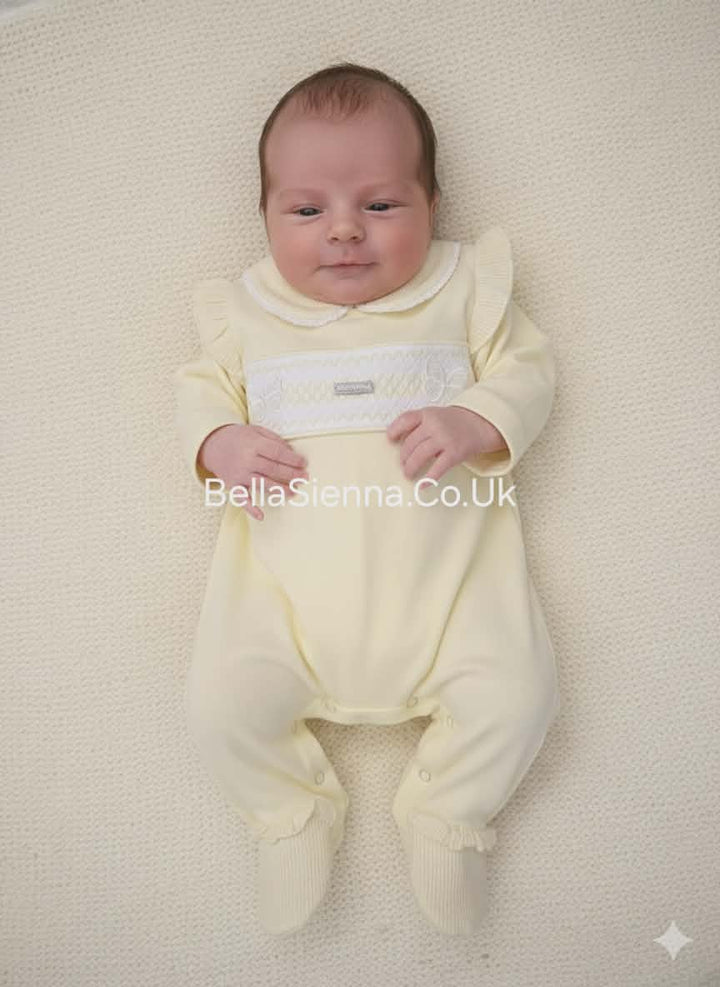 Amore Girls Lemon & White Classic Smocked All In One Babygrow Sleepsuit - AM0074
