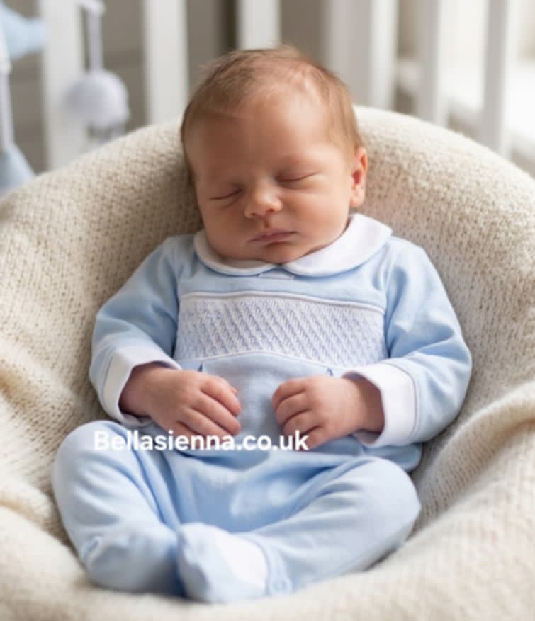 Boys Blue & White Smocked All In One Babygrow Sleepsuit - AM0024