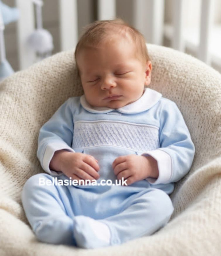 Boys Blue & White Smocked All In One Babygrow Sleepsuit - AM0024