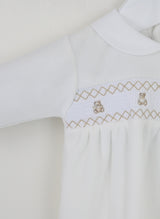 Pex Velour Smocked Teddy Bear All In One Babygrow Sleepsuit - Ivory -B027200700