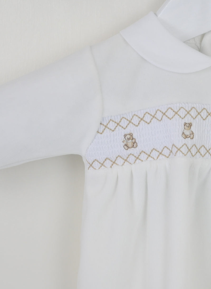 Pex Velour Smocked Teddy Bear All In One Babygrow Sleepsuit - Ivory -B027200700