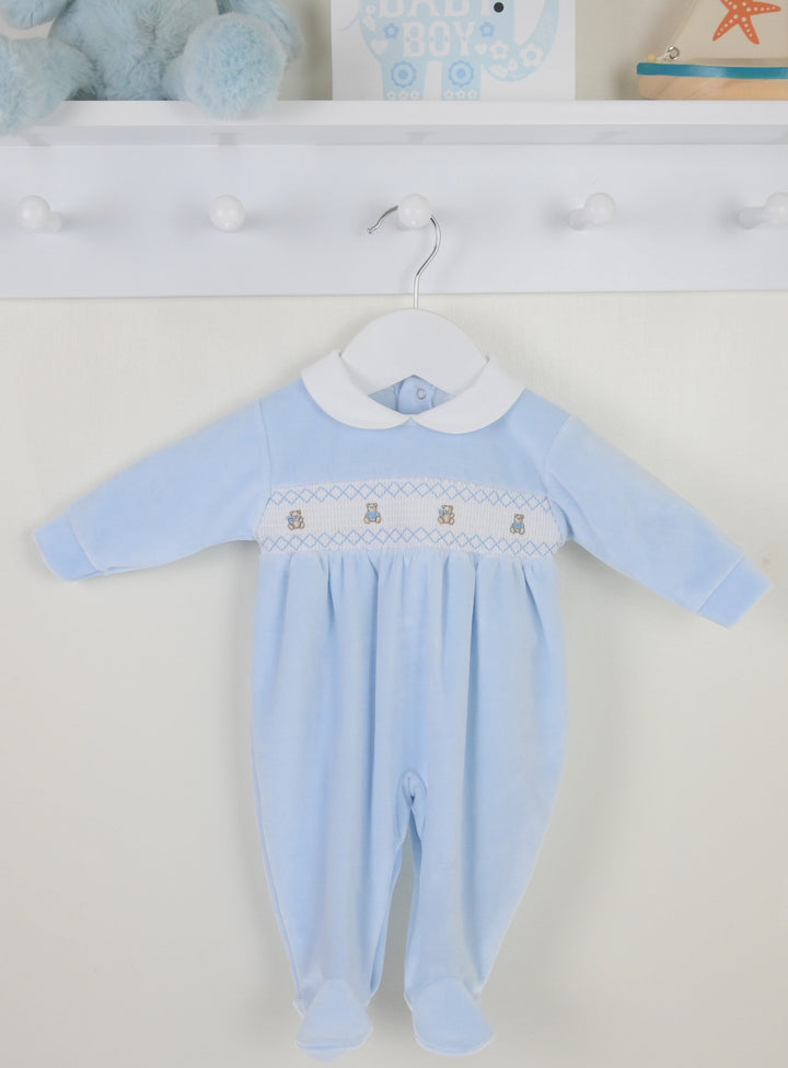 Pex Velour Smocked Teddy Bear All In One Babygrow Sleepsuit - Pale Blue -B027200700