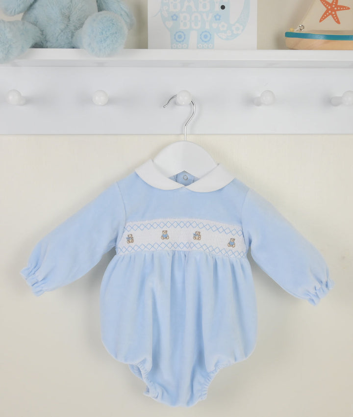 Pex Velour Smocked Teddy Bear Romper - Pale Blue -B027400900