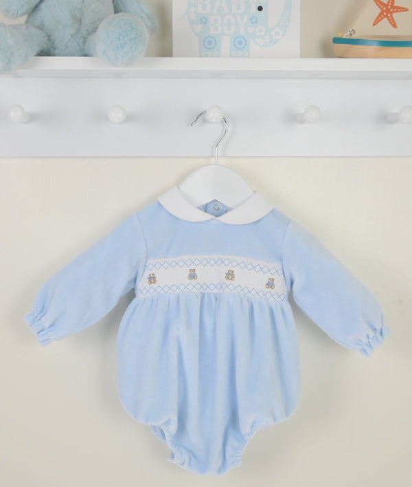 Pex Velour Smocked Teddy Bear Romper - Pale Blue -B027400900
