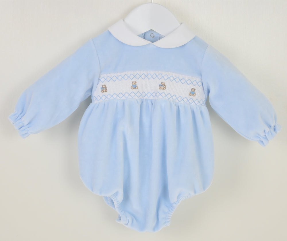 Pex Velour Smocked Teddy Bear Romper - Pale Blue -B027400900