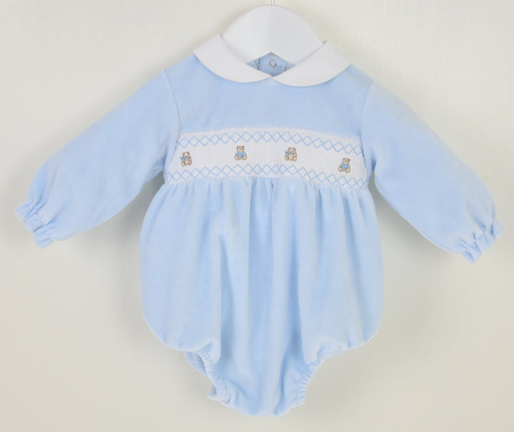 Pex Velour Smocked Teddy Bear Romper - Pale Blue -B027400900