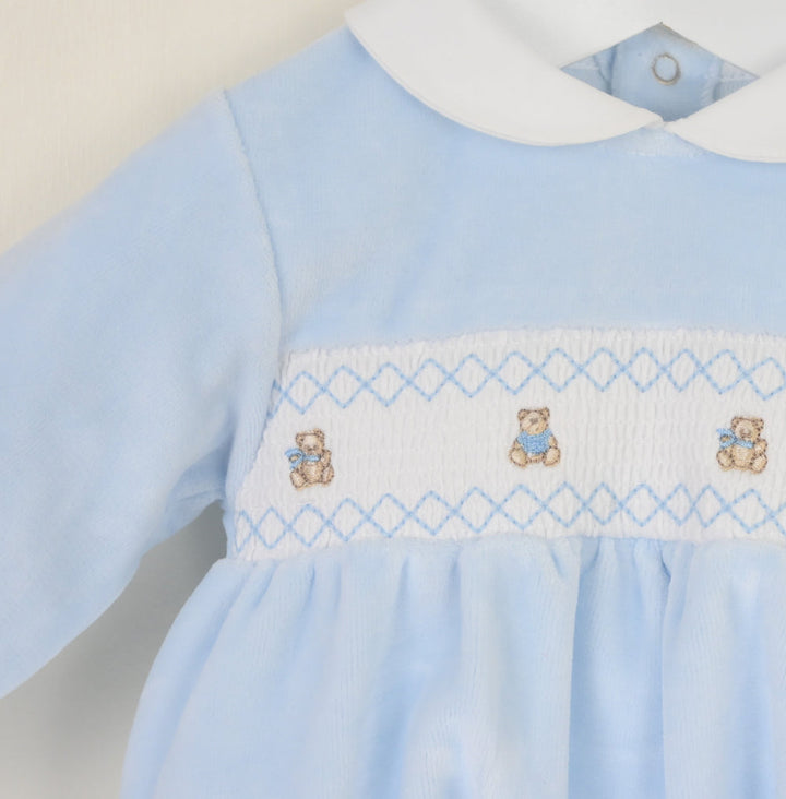 Pex Velour Smocked Teddy Bear Romper - Pale Blue -B027400900