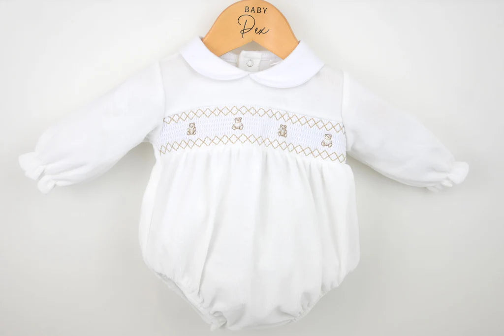 Pex Velour Smocked Teddy Bear Romper - Ivory -B027400900