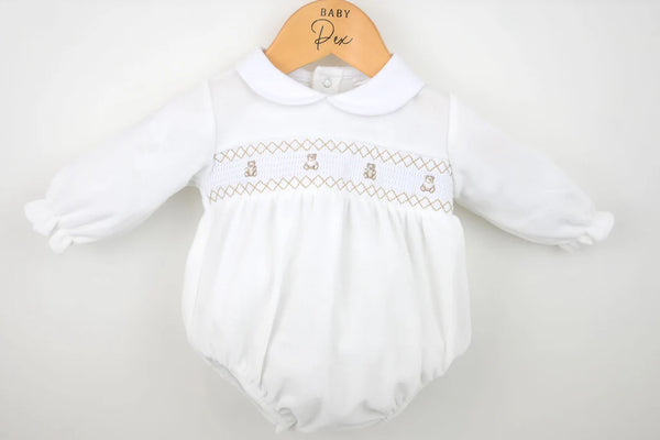 Pex Velour Smocked Teddy Bear Romper - Ivory -B027400900