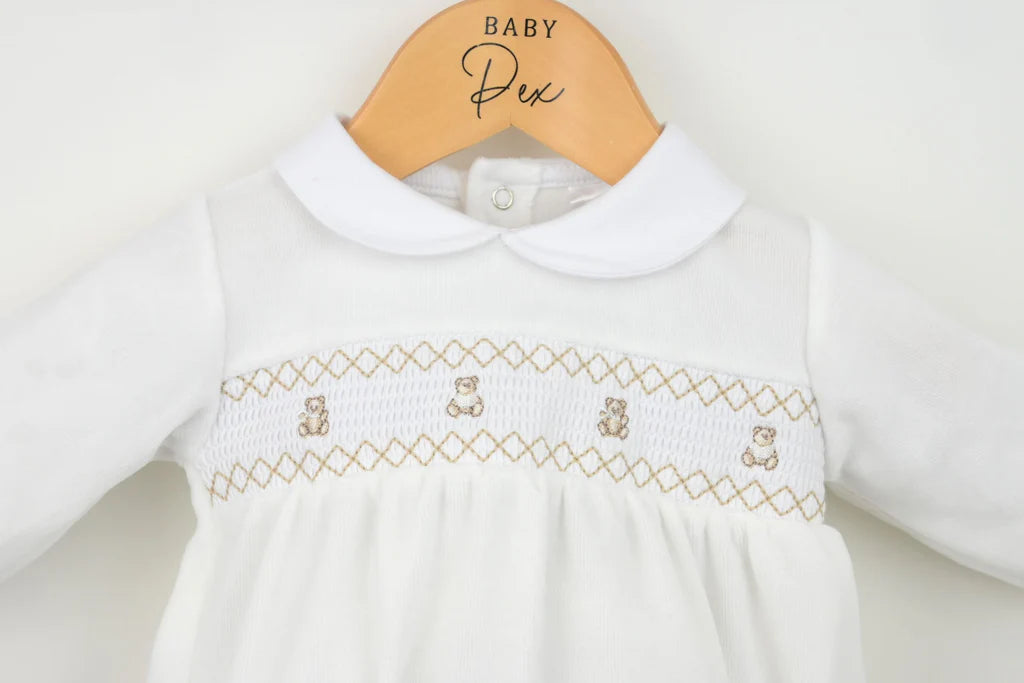 Pex Velour Smocked Teddy Bear Romper - Ivory -B027400900