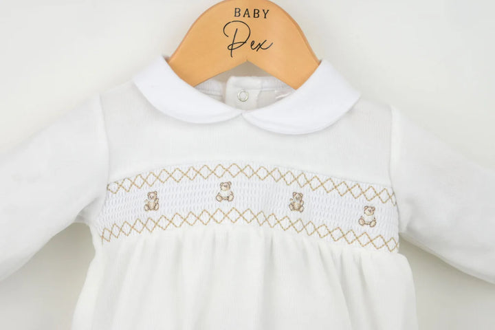 Pex Velour Smocked Teddy Bear Romper - Ivory -B027400900