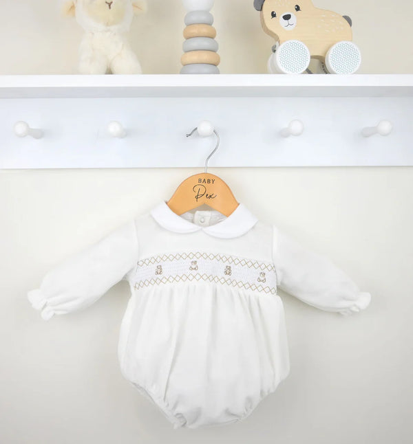 Pex Velour Smocked Teddy Bear Romper - Ivory -B027400900