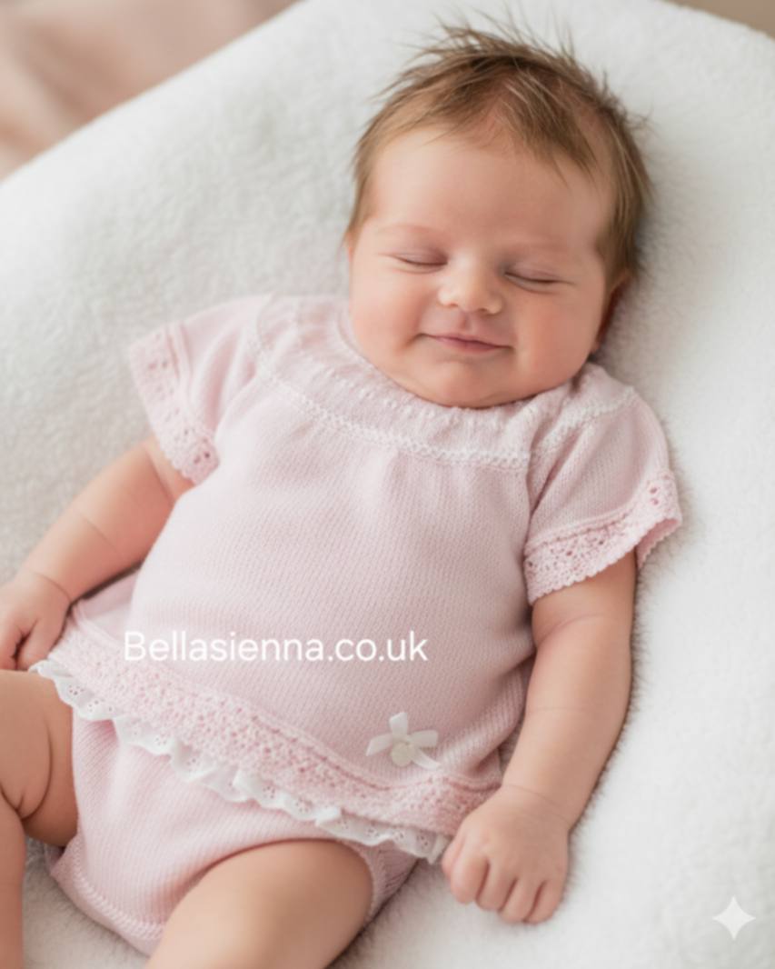 Pale Pink & White Knitted Two Piece Set With Bow - B0556