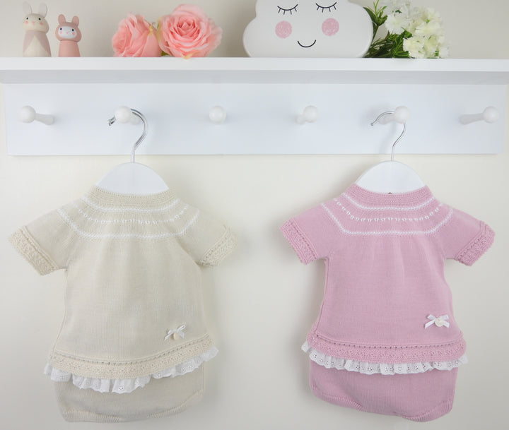 Pale Pink & White Knitted Two Piece Set With Bow - B0556