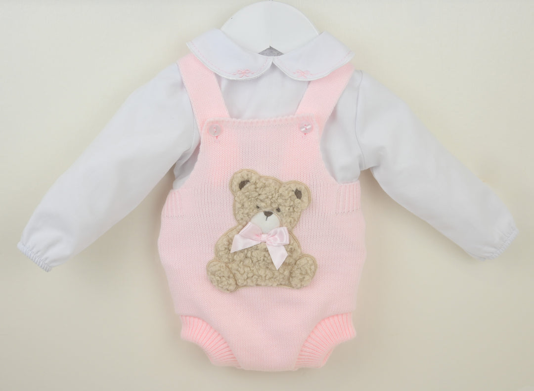 Pex Girls Pink Knitted Teddy Bear Romper & White Embroidered Blouse Set - B0726