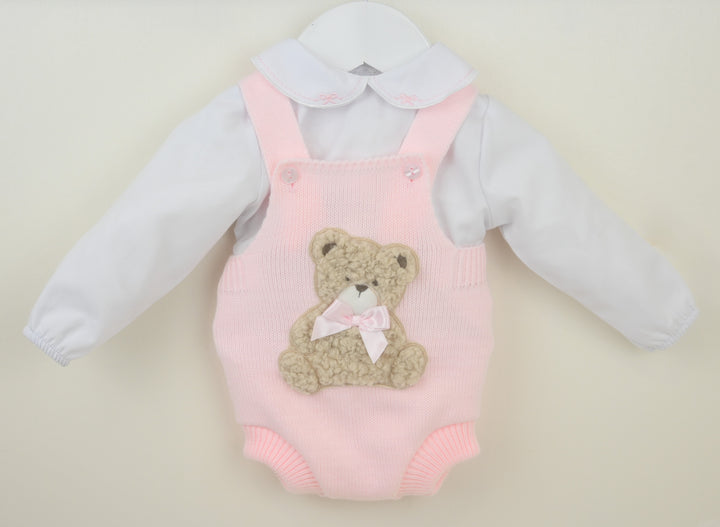 Pex Girls Pink Knitted Teddy Bear Romper & White Embroidered Blouse Set - B0726