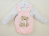 Pex Girls Pink Knitted Teddy Bear Romper & White Embroidered Blouse Set - B0726