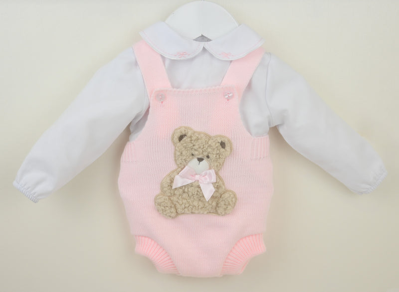 Pex Girls Pink Knitted Teddy Bear Romper & White Embroidered Blouse Set - B0726