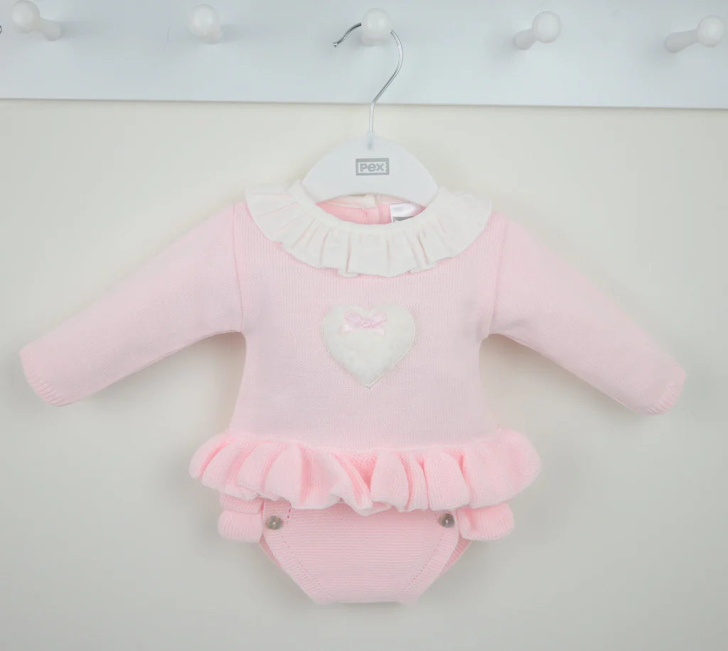 Pex "CECILY" Girls Pink Knitted Frilly Jam Pants Set With Fluffy Heart - B0755