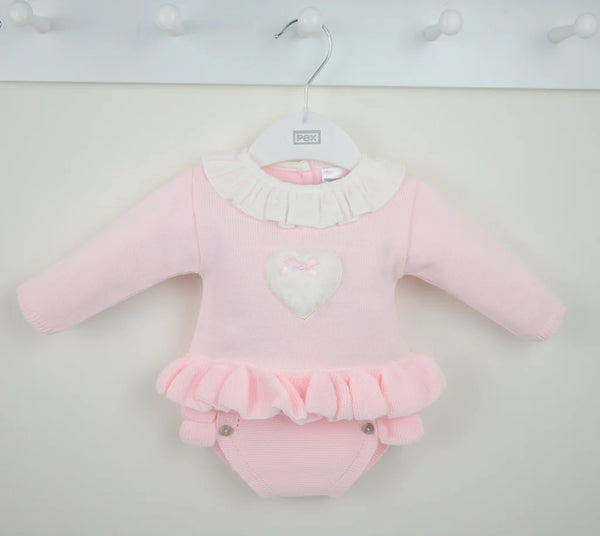 Pex "CECILY" Girls Pink Knitted Frilly Jam Pants Set With Fluffy Heart - B0755