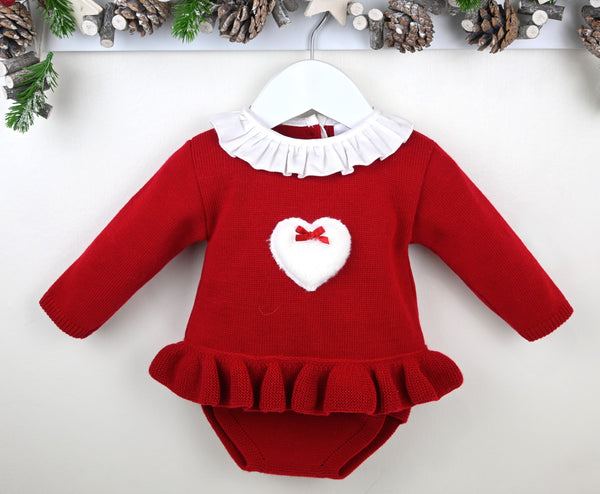 Pex Girls Red Knitted Frilly Jam Pants Set With Fluffy Heart - B0755