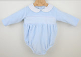 Pex "ALBERT" Blue & White Smocked Velour Romper - B0781