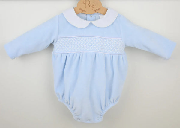 Pex "ALBERT" Blue & White Smocked Velour Romper - B0781