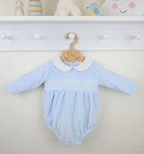 Pex "ALBERT" Blue & White Smocked Velour Romper - B0781