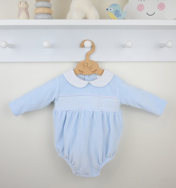 Pex "ALBERT" Blue & White Smocked Velour Romper - B0781