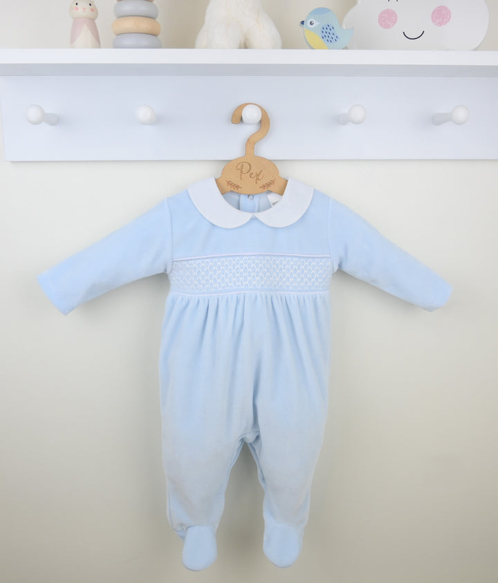 Pex "ALBERT" Blue & White Smocked Velour Babygrow - B0782