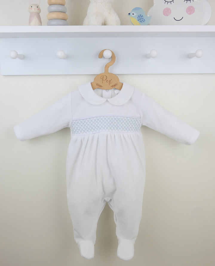 Pex "ALBERT" White & Blue Smocked Velour Babygrow - B0782