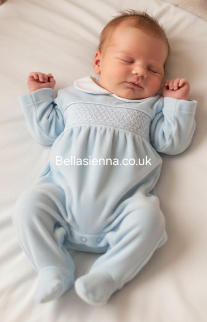 Pex "ALBERT" Blue & White Smocked Velour Babygrow - B0782