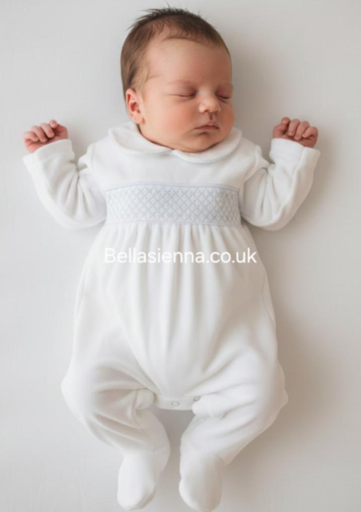 Pex "ALBERT" White & Blue Smocked Velour Babygrow - B0782
