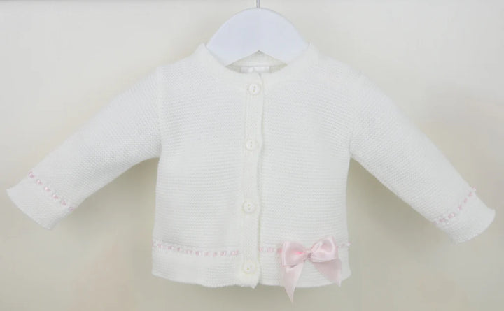 Girls Off White/Ivory Cardigan With Pink Ribbon & Bow Detail - Sophia