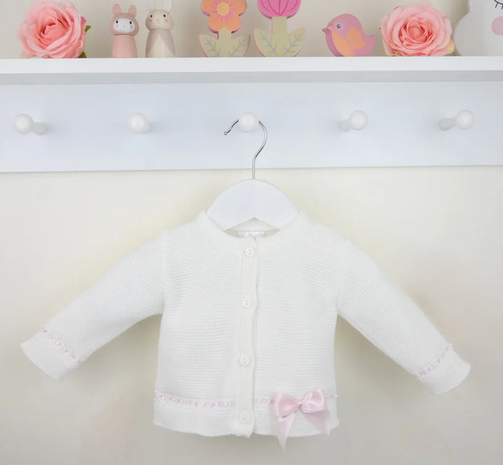 Girls Off White/Ivory Cardigan With Pink Ribbon & Bow Detail - Sophia