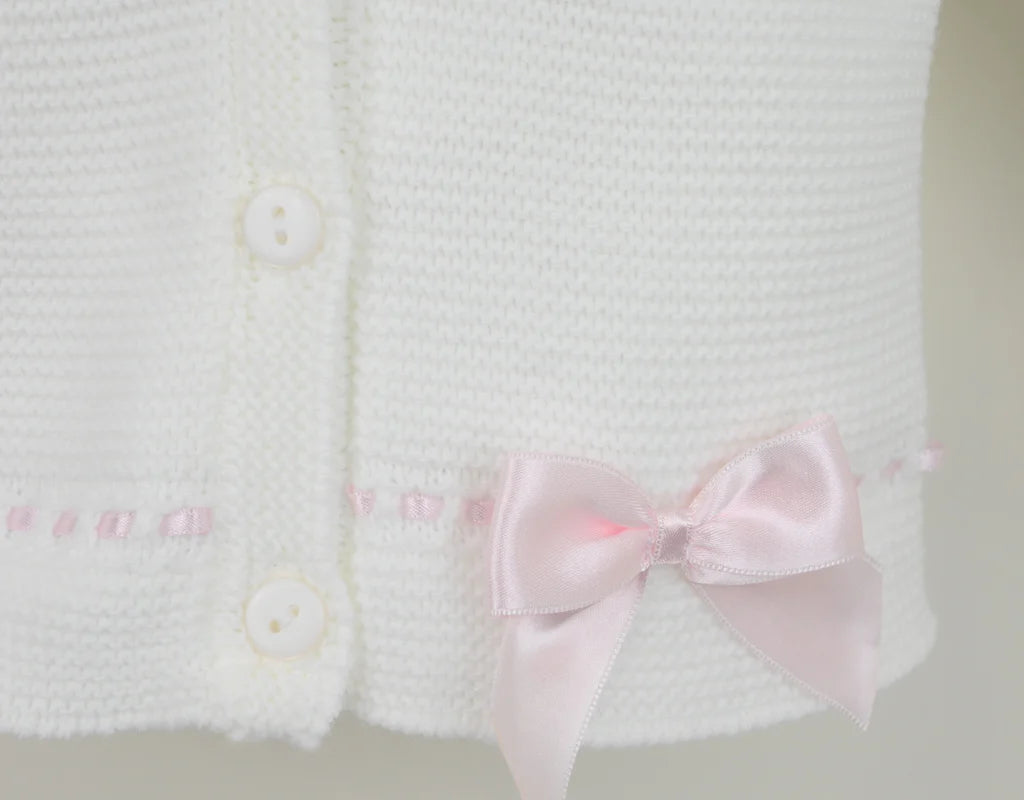 Girls Off White/Ivory Cardigan With Pink Ribbon & Bow Detail - Sophia