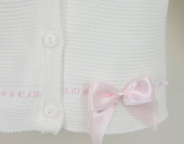 Girls Off White/Ivory Cardigan With Pink Ribbon & Bow Detail - Sophia