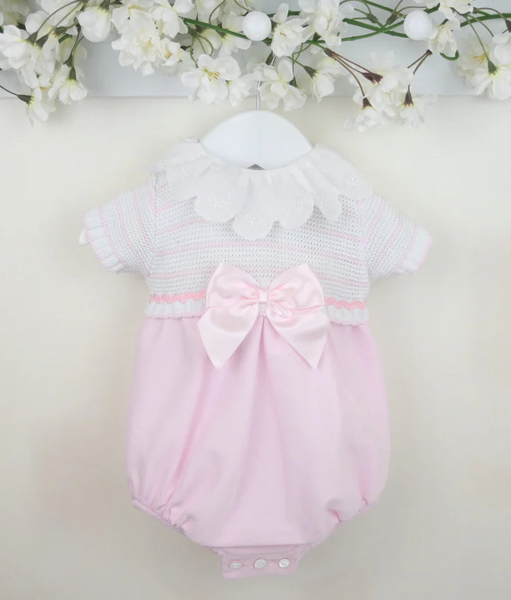 Pex "Tabitha" Pink & White Romper With Bow
